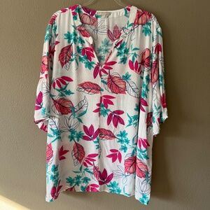Woman Within Plus Tropical Lightweight White Floral V-Neck Short Sleeve 1X 22/24